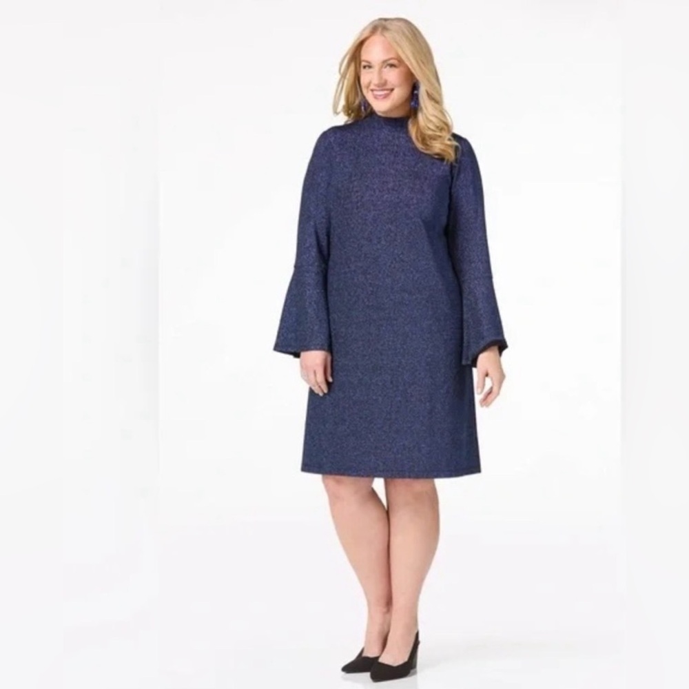 PLUS SIZE SHIMMERY BLUE LONG FLARE SLEEVE PARTY DRESS - Picture 2 of 7